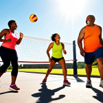 **Image Prompt:** A vibrant and energetic group of diverse adults participating in various sports and physical activities outdoors, like swimming, jogging, and playing volleyball, under a sunny sky. Emphasize the joyful and social aspects of group fitness, highlighting their healthy lifestyle and the prevention of chronic diseases.