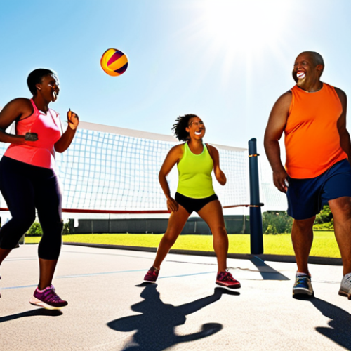 **Image Prompt:** A vibrant and energetic group of diverse adults participating in various sports and physical activities outdoors, like swimming, jogging, and playing volleyball, under a sunny sky. Emphasize the joyful and social aspects of group fitness, highlighting their healthy lifestyle and the prevention of chronic diseases.