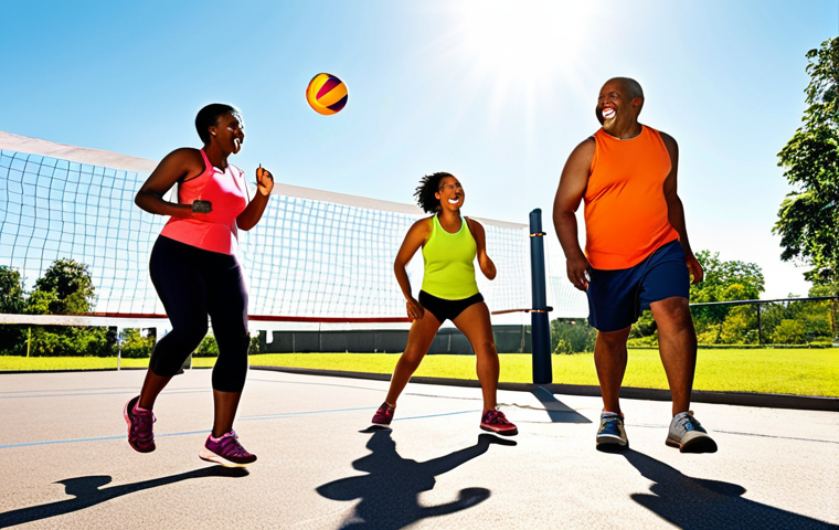 **Image Prompt:** A vibrant and energetic group of diverse adults participating in various sports and physical activities outdoors, like swimming, jogging, and playing volleyball, under a sunny sky. Emphasize the joyful and social aspects of group fitness, highlighting their healthy lifestyle and the prevention of chronic diseases.