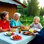 A Family Gathering in a Dacha Setting**

A multigenerational family (grandmother, parents, and grandchildren) enjoying a meal together outdoors at a dacha in the Russian countryside. The table is laden with fresh, seasonal food: salads with tomatoes and cucumbers, homemade pickles, fresh bread, and a samovar for tea.  Everyone is smiling and engaged in conversation.  Golden hour lighting.  safe for work, appropriate content, fully clothed, professional, modest, family-friendly, perfect anatomy, correct proportions, natural pose, well-formed hands, proper finger count, natural body proportions. High quality photography, 8k resolution.

**