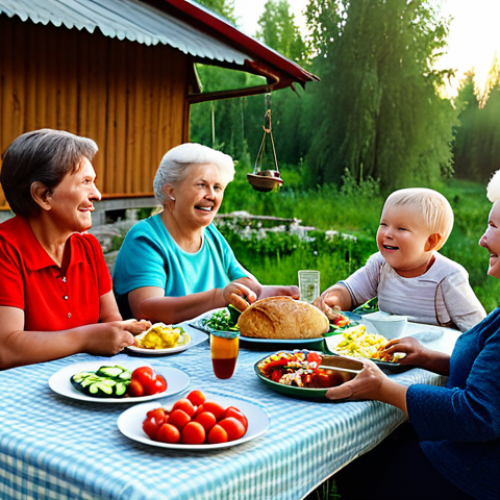 A Family Gathering in a Dacha Setting**

A multigenerational family (grandmother, parents, and grandchildren) enjoying a meal together outdoors at a dacha in the Russian countryside. The table is laden with fresh, seasonal food: salads with tomatoes and cucumbers, homemade pickles, fresh bread, and a samovar for tea.  Everyone is smiling and engaged in conversation.  Golden hour lighting.  safe for work, appropriate content, fully clothed, professional, modest, family-friendly, perfect anatomy, correct proportions, natural pose, well-formed hands, proper finger count, natural body proportions. High quality photography, 8k resolution.

**