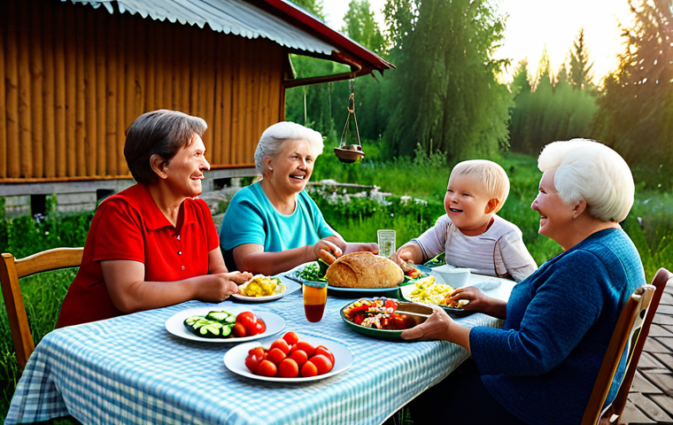 A Family Gathering in a Dacha Setting**

A multigenerational family (grandmother, parents, and grandchildren) enjoying a meal together outdoors at a dacha in the Russian countryside. The table is laden with fresh, seasonal food: salads with tomatoes and cucumbers, homemade pickles, fresh bread, and a samovar for tea.  Everyone is smiling and engaged in conversation.  Golden hour lighting.  safe for work, appropriate content, fully clothed, professional, modest, family-friendly, perfect anatomy, correct proportions, natural pose, well-formed hands, proper finger count, natural body proportions. High quality photography, 8k resolution.

**