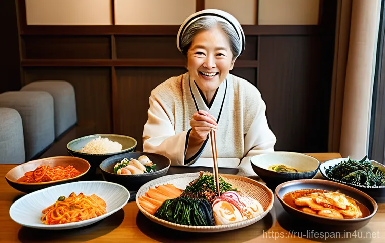 한국 평균수명 - **Prompt: A vibrant, colorful Korean dining table laden with an array of healthy, traditional dishes...