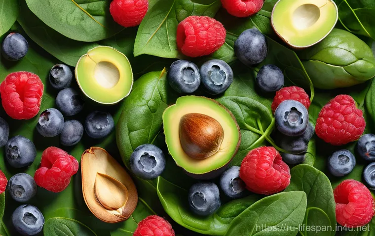 수명 연장에 좋은 식품 - **Prompt:** A close-up, vibrant, high-resolution photograph capturing an abundant and colorful arran...