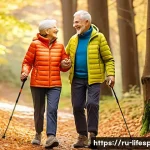 평균수명과 건강수명 차이 - A vibrant, active elderly couple in their late 60s, dressed in comfortable, modern hiking attire, en...