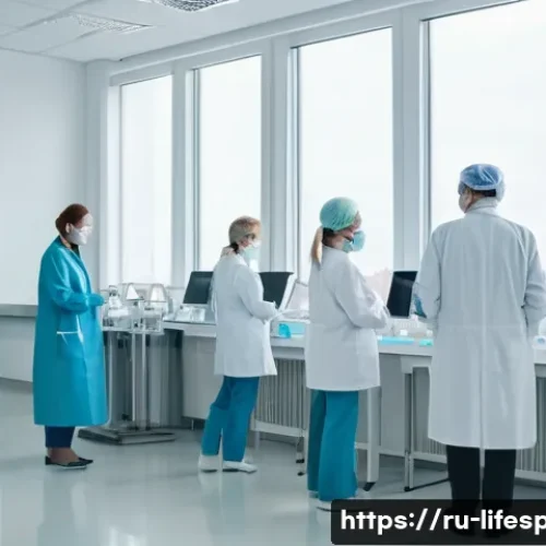 의료서비스와 평균수명 - A modern Russian medical clinic interior with advanced diagnostic equipment including molecular test...