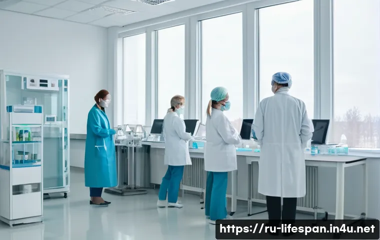 의료서비스와 평균수명 - A modern Russian medical clinic interior with advanced diagnostic equipment including molecular test...