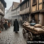 Home 22 전염병과 평균수명 - A detailed historical scene depicting the devastating impact of the 14th-century plague in Europe: c...