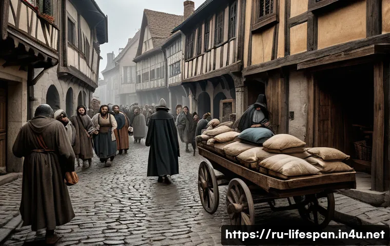전염병과 평균수명 - A detailed historical scene depicting the devastating impact of the 14th-century plague in Europe: c...