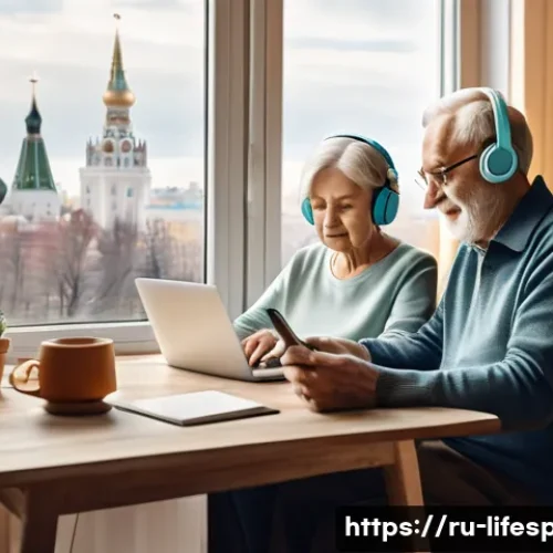 Home 33 평균수명 증가의 사회적 영향 - An elderly Russian couple in their 60s engaged in remote work from a cozy home office setting, both ...