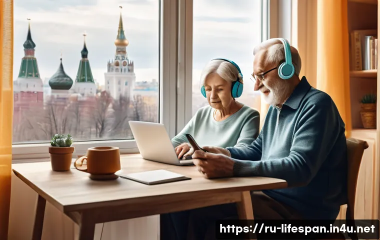 평균수명 증가의 사회적 영향 - An elderly Russian couple in their 60s engaged in remote work from a cozy home office setting, both ...