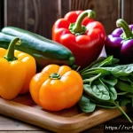 Home 19 영양의 균형과 평균수명 - A vibrant and colorful assortment of fresh vegetables and fruits displayed on a rustic wooden table,...