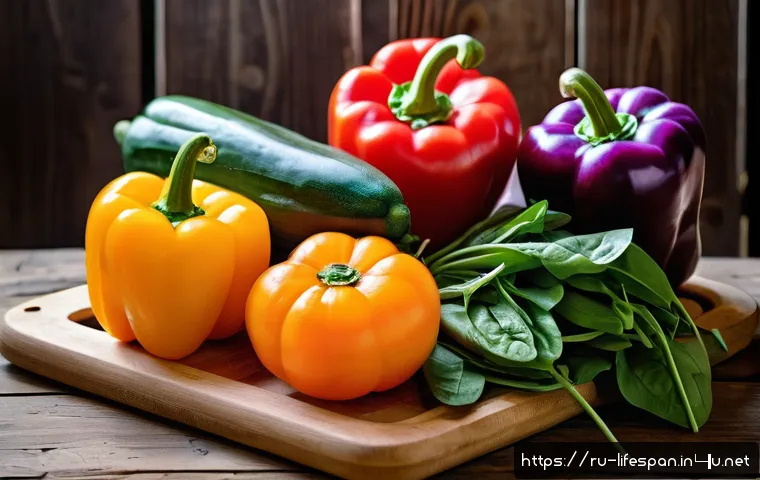 영양의 균형과 평균수명 - A vibrant and colorful assortment of fresh vegetables and fruits displayed on a rustic wooden table,...