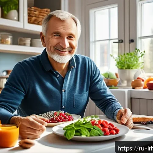 Home 30 평균수명과 삶의 질 - A vibrant, detailed scene of a middle-aged Russian man enjoying a healthy breakfast in a cozy kitche...