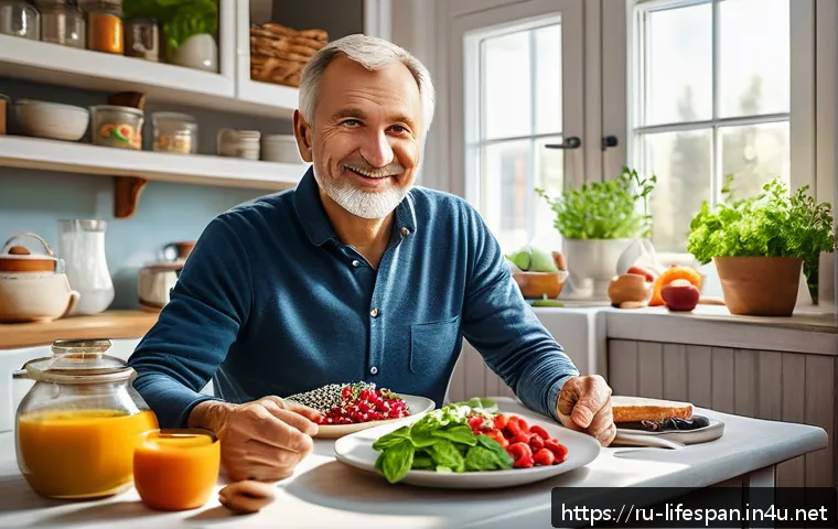 평균수명과 삶의 질 - A vibrant, detailed scene of a middle-aged Russian man enjoying a healthy breakfast in a cozy kitche...
