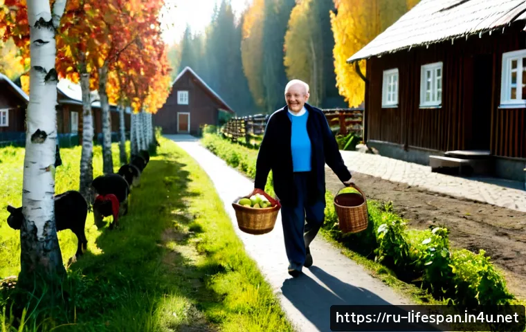 Home 15 장수 마을 - Photorealistic view of a peaceful Russian longevity village in early autumn, active elderly resident...